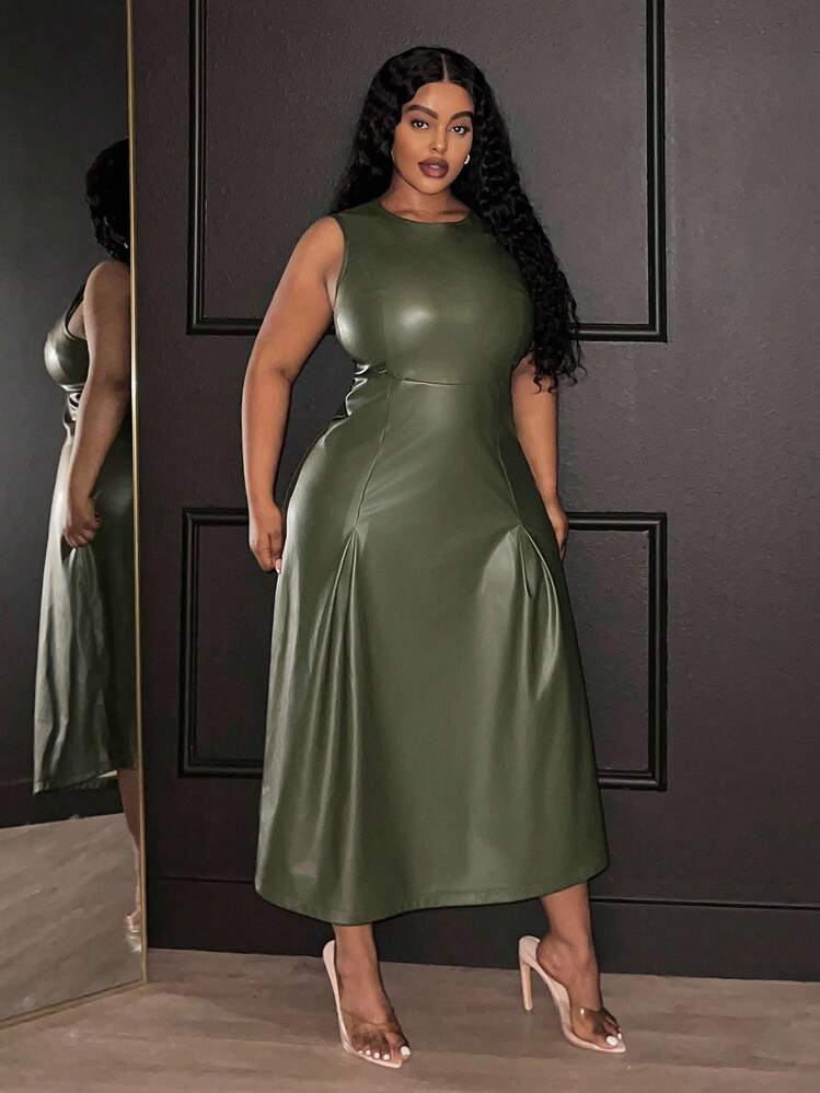 Veslaya 2025 Spring/Fall New Arrival African Bohemian Music Festival Casual Vacation Elegant Island Resort Party Evening Cocktail Commute Daily Wear Solid Military Green Stretchy PU Sleeveless Round Neck Maxi Dress, Plus Size,Elegant Dresses For Women - Army Green - View 5