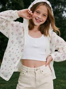 Girls' Sweet & Spicy Fitted Fuzzy Cuff Hooded Knit Sweater, Versatile For Spring & Autumn Fall Winter - White - View 5