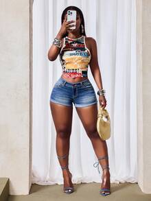 SHEIN Unity Women's Vintage Super Low Waist Super Short Denim Shorts - Blue - View 7
