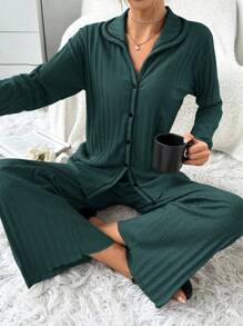 EURMUSE 加厚100%纯棉衬衫式纽扣条纹深绿色两件套睡衣套装 - 墨綠色 - 查看 6