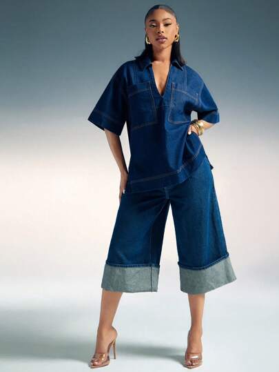 Denimoi 女士时尚落肩宽松牛仔衬衫，夏季