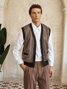 Manfinity CityGents Men's Old Money Casual Commuter Diamond Pattern V-Neck Knit Vest With Pockets Brown Vest Men Sweater Vest Old Money Aesthetic, Fall/Winter