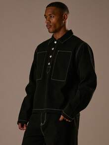 Musero Oversized Boxy Fit Contrast Stitch Quarter Button Up Denim Shirt Top Only /Winter - Black - View 3