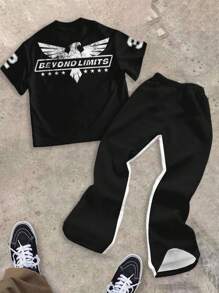 SHEIN Bolty 2pcs Tween Boy Casual Text, Stylish Eagle Graphic Print Crew Neck T-Shirt And Flare Pants Set, Suitable For Summer, Back To School, Y2K, Kids Clothes - Multicolor - View 7