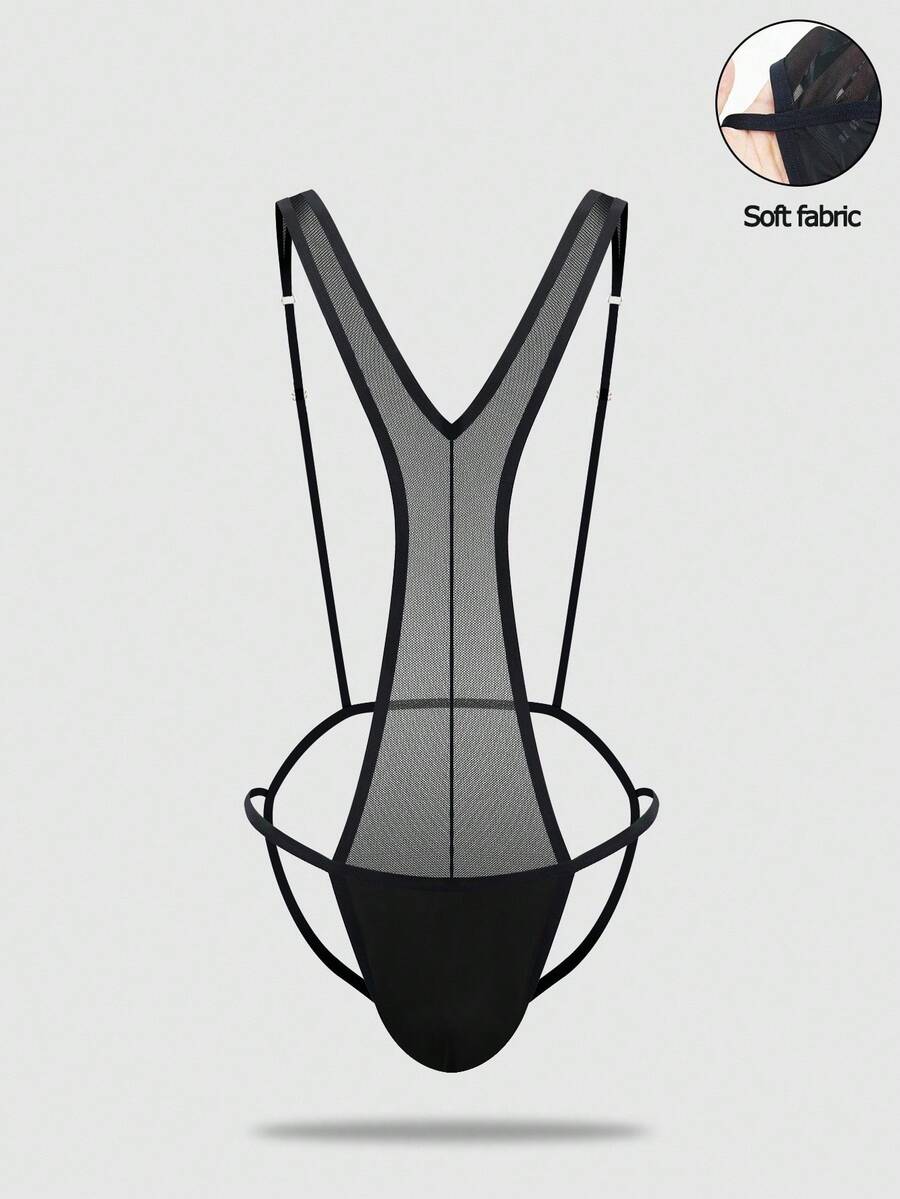 SHEIN 男士透明网眼性感紧身内衣 - 黑色 - 查看 1