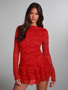 SHEIN BAE Rochie mini elegantă de damă, culoare vișinie, cu dantelă, stratificată, cu volane, potrivită pentru întâlniri romantice, cluburi de noapte, petreceri de ziua de naștere, Ziua Îndrăgostiților, rochie mini sexy cu mânecă lungă, cu imprimeu floral - roșu - Vizualizare 6