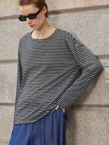 Lumivelle Damen Lässiges, locker sitzendes Tencel-T-Shirt mit Schulterausschnitt und Streifen in Weiß, lässige Outfits für Frühling, Kleidung für Universität, Herbstkleidung für Frauen - Schwarz und Weiss - Übersicht 1