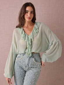 Enchnt Damen Einfarbige Bluse mit Kontrast-Spitzenrüschen und weiter Passform, Langarm - Grün - Übersicht 2