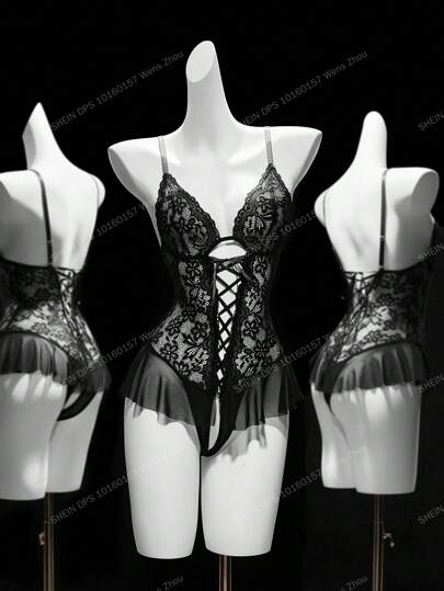 Seduluxe Verleidelijke Kanten Mesh Halter Ruffled Open Crotch Bodysuit, Going Out Gothic Lingerie Set Zwart Costume Up Corset view 6