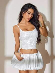 SHEIN PETITE 女士亮片吊带背心，适合音乐节、度假、海滩、夏季 - 藍色 - 查看 7