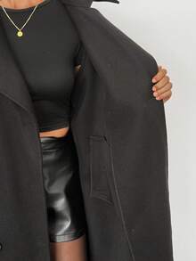 SHEIN Tall Women's Solid Color Lapel NeckDouble-Breasted Long Overcoat Long Black Coat In Fall/Winter - Black - View 8
