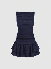 Sweetra 女式纯色褶皱无袖上衣和迷你裙两件套 - 藍色 - 查看 5