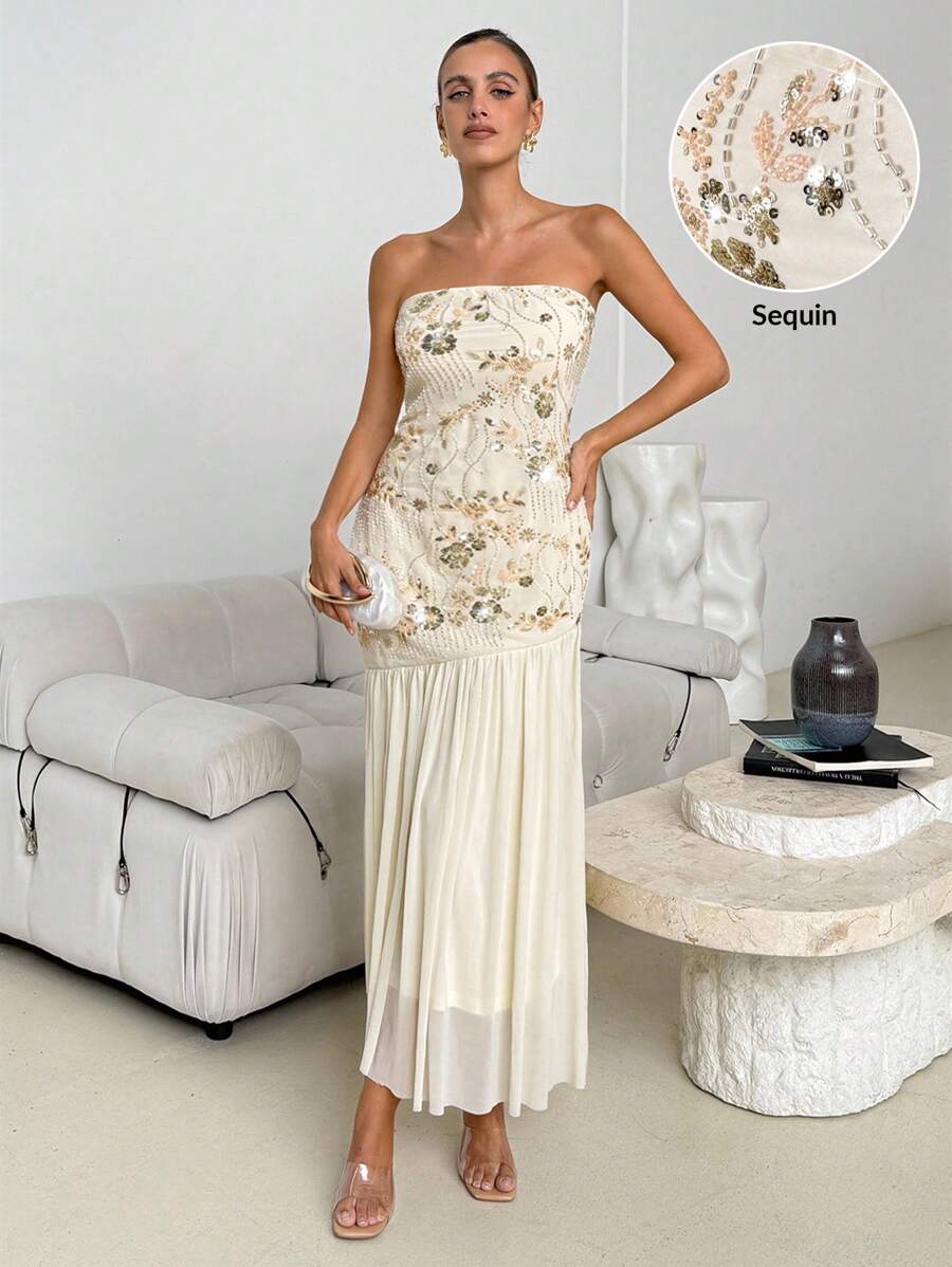 Lavishia Váy dự tiệc và ngày lễ thanh lịch màu vàng kem, thiết kế thêu hạt cườm và lưới chắp vá - Màu vàng - Xem 1