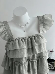 Franclia 女士纯色短袖荷叶边下摆休闲上衣，适合度假穿着 - 淺灰色 - 查看 6