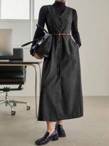 Dazy-Less Women's V-Neck Wool Blend Sleeveless Cinched Waist Midi Dress, Loose Fit Business Casual Office Commuter Wear, Autumn/Winter