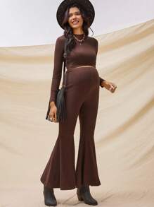 Boho Mama 2pcs Maternity Set: Solid Color Round Neck Long Sleeve T-Shirt And Adjustable Waist Flare Pants  Fall Clothes Boho Maternity Fall Winter Clothes Bohemian - Brown - View 5