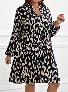 EMERY ROSE 加大码V领长袖全印花宽松优雅秋季连衣裙 - 彩色 - 查看 3