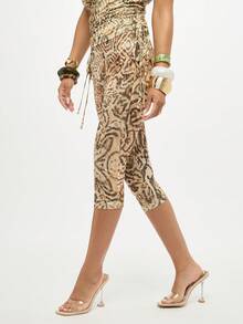 SUMWON WOMEN Animal Print Capri Leggings High Rise Snakeskin Pattern Mesh Fabric Fashion Summer Vacation Party Club Evening Wear - Multicolor - View 6