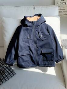 SHEIN 男童海军蓝拉绒休闲厚垫连帽夹克，适合返校、秋冬季穿着 - 藏蓝色 - 查看 6