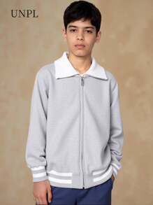 SHEIN Tween Boy Casual Zip-Up Cardigan Sweater, Simple Stylish Contrast Collar, Back To School - Grey - View 1