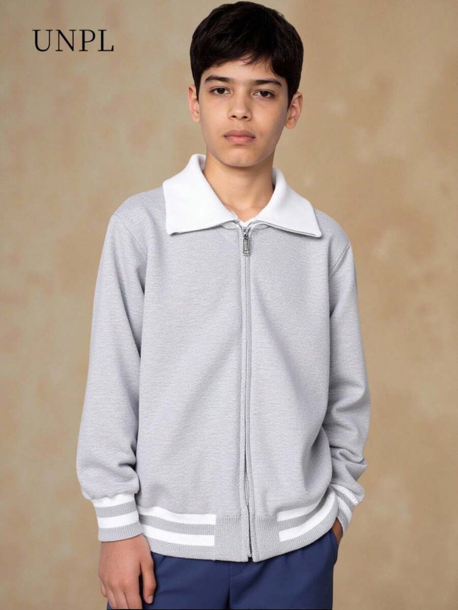 SHEIN Tween Boy Casual Zip-Up Cardigan Sweater, Simple Stylish Contrast Collar, Back To School - Grey - View 1