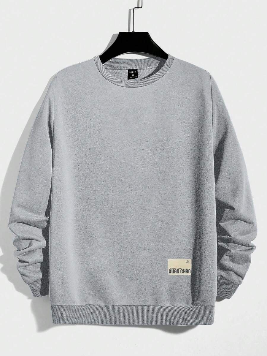 EURMUSE 100%Cotton Men Letter Patched Sweatshirt - Grey - View 1