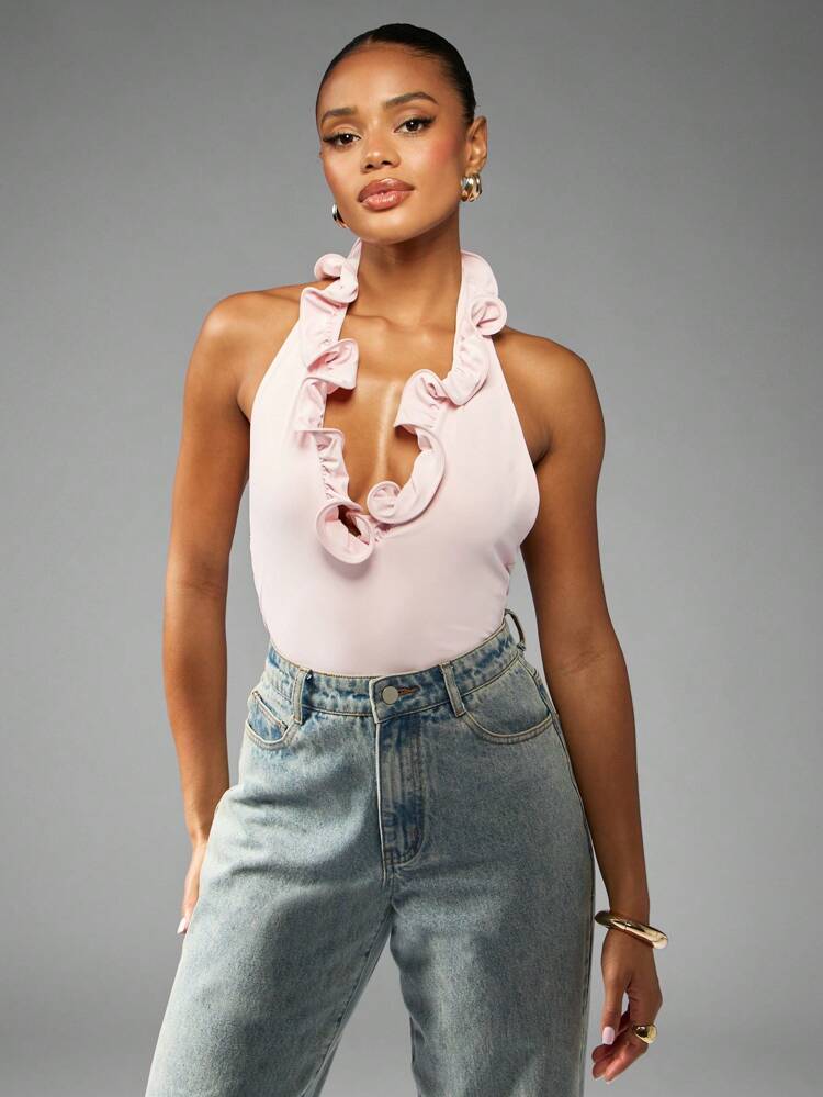 MISSGUIDED Elegant Halter Neck Bodysuit With Ruffle Trim Backless Design Evening Party Special Occasion Spring Summer Casual Form Fitting Light Weight Versatile Essential Bodysuit
