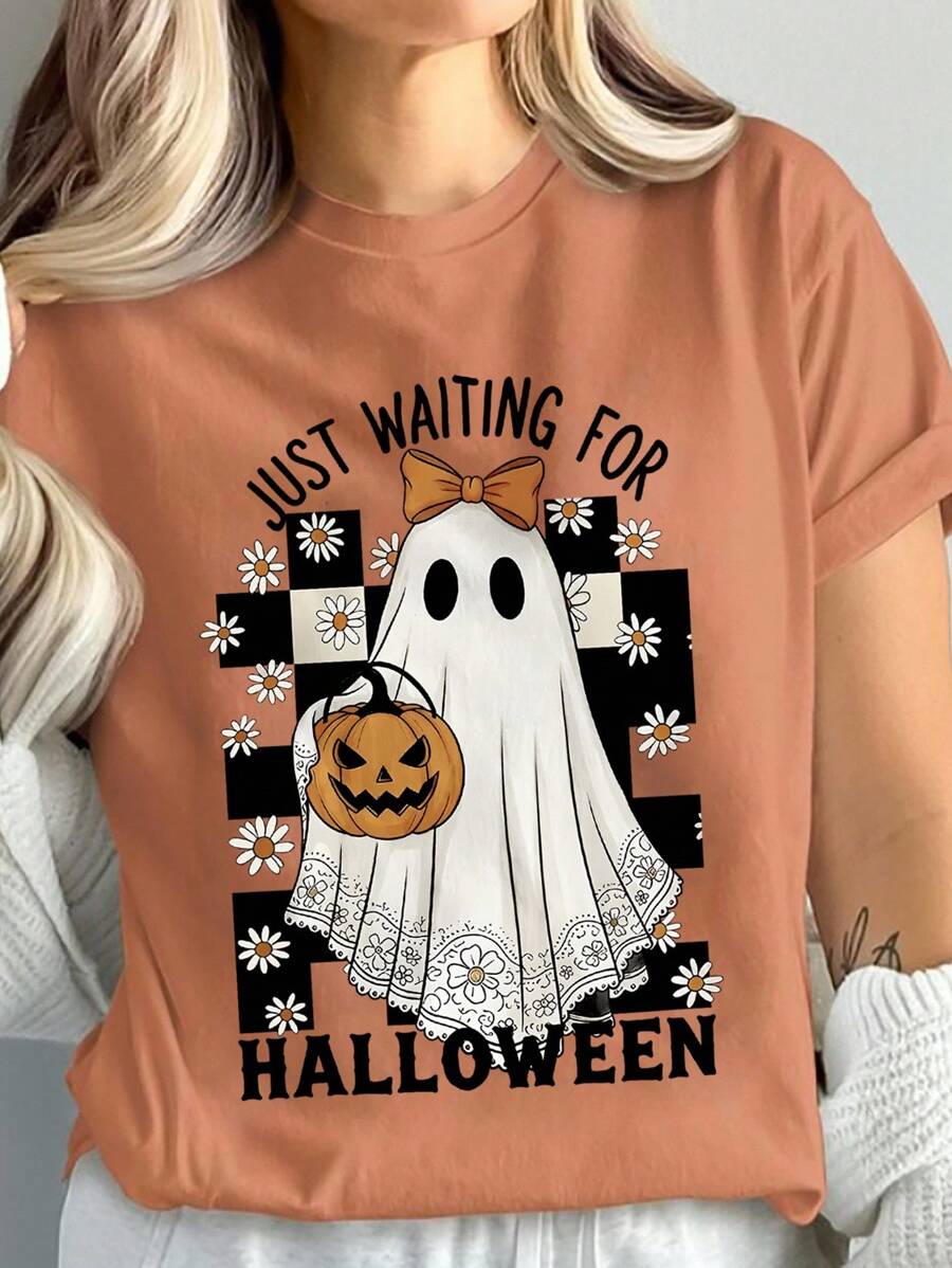 Comfy Cute Ghost T-Shirt, Halloween Monster Season T-Shirt, Waiting For Halloween Pumpkin Shirt, Daisy T-Shirt, Funny Ghost T-Shirt, For Halloween Party - Orange - View 1