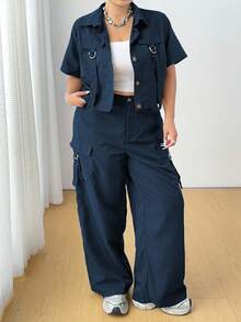 Flirla 大码休闲实用衬衫和裤子两件套 - 寶藍色 - 查看 1