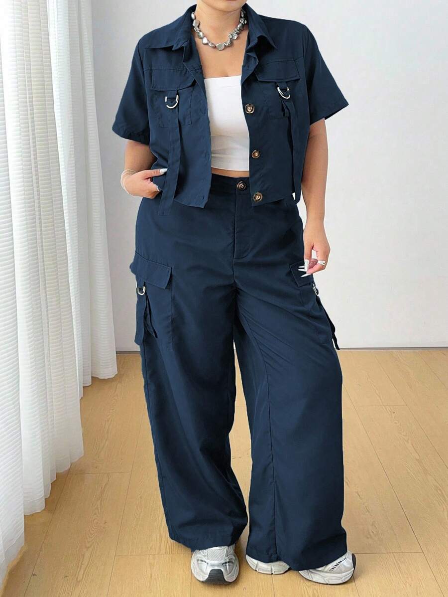 Flirla 大码休闲实用衬衫和裤子两件套 - 寶藍色 - 查看 1