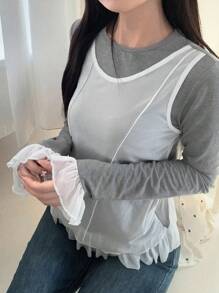 FRIFUL Camiseta de manga larga con cuello redondo, de tela de malla transparente con parches, con dobladillo fruncido, ajustada, para otoño - Gris - Ver 7