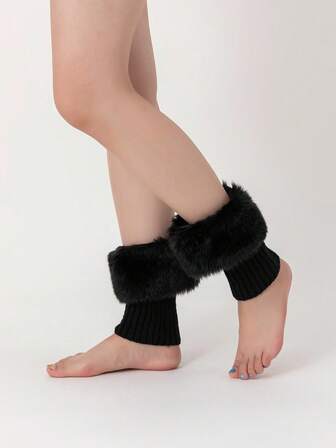 Goth Women's Ribbed Faux Fur Leg Warmers, Suitable For Daily Wear