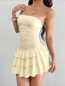 SHEIN EZwear Sleeveless Tiered Layered Pastel Yellow Strapless Mini Dress For Women Casual Outfits - Apricot - View 5
