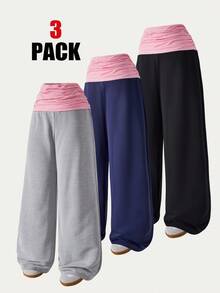 3 件套青少年女孩宽松直筒运动裤，腰带拼接撞色高弹针织面料，褶饰侧边，休闲裤，秋季 - 彩色 - 查看 1