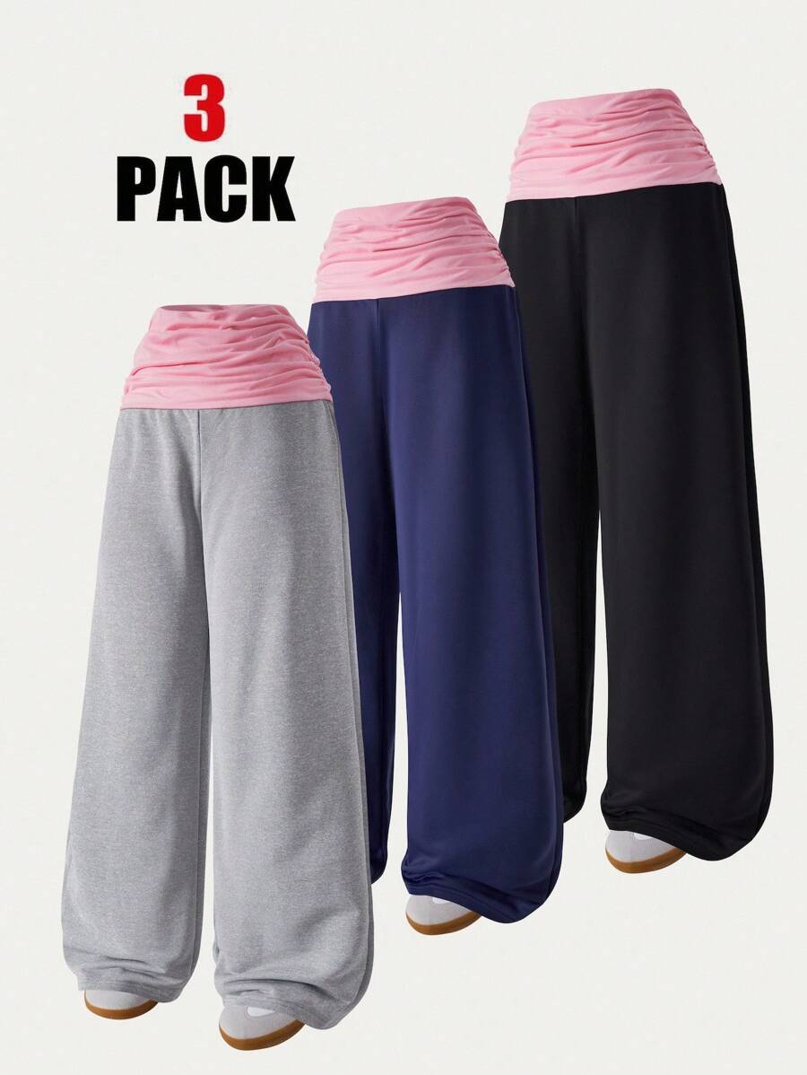 3 件套青少年女孩宽松直筒运动裤，腰带拼接撞色高弹针织面料，褶饰侧边，休闲裤，秋季 - 彩色 - 查看 1