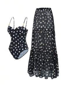 Swim Oasis 全新性感紧身黑白波尔卡圆点印花细肩带聚拢钢圈连体衣，度假海滩短款上衣和短裙两件套 - 黑與白 - 查看 7