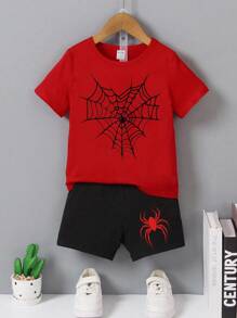 SHEIN 2pcs Toddler Boys' Casual Spider Web Print Short Sleeve T-Shirt And Shorts Set Spider Graphic Tee Halloween Baby Boy Clothes Baby Boy Spider Outfit Toddler Graphic Tshirts Infant Graphic Tees