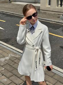 Tween Girls Daily Commute British Style Long Waist Cinched Pleated Tie Slim Fit Jacket, Suitable For Daily Commute Wear - White - View 6
