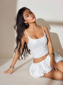 SHEIN PETITE 女士亮片吊带背心，适合音乐节、度假、海滩、夏季 - 藍色 - 查看 6