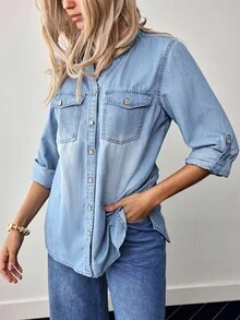 EMERY ROSE 女士 V 领单排扣下摆袖口休闲牛仔衬衫 - 淺色水洗藍 - 查看 6