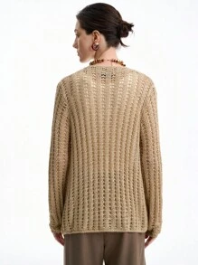 SHEIN LUNE 初秋度假风V领优雅复古宽松休闲开衫，轻盈针织镂空V领宽松版型纽扣外套 - 卡其色 - 查看 6