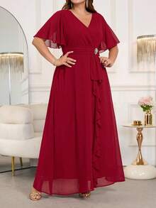 Ellevyn 大码优雅长款荷叶边连衣裙，红色，适合派对和休闲穿着，夏季大码曲线连衣裙。 - 紅色 - 查看 4