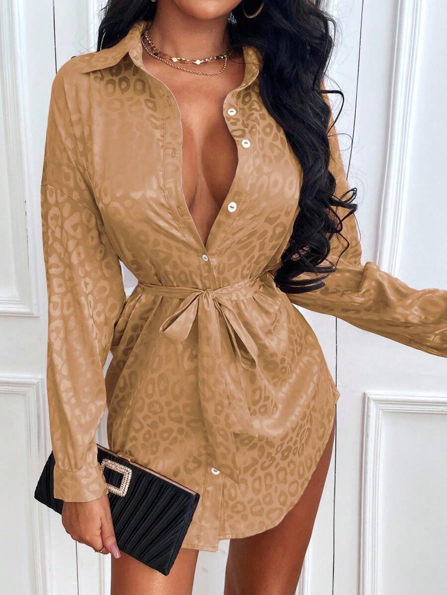 Zolique 时尚通勤豹纹提花长袖衬衫 - 棕色 - 查看 1