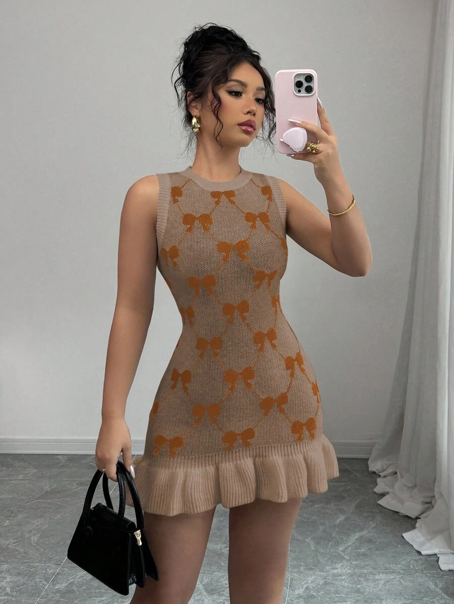 Elenzga Unique Design Sleeveless Bow Ruffle Hem Women Sweater Dress - Multicolor - View 1