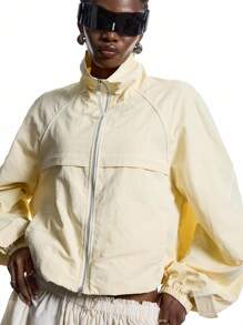 LYSMO Áo khoác dáng rộng tay dài raglan màu trơn có khóa kéo phía trước dành cho nữ - Màu vàng - Xem 6