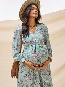 Boho Mama 孕妇休闲花卉印花连衣裙 - 藍色 - 查看 8