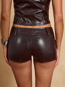 SHEIN BAE 女式复古低腰短裤，夏季、秋季女装，俱乐部女性性感 - 棕色 - 查看 2