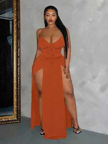 Slaydiva Slayr Plus Size Sexy Solid Color Drawstring High Slit Dress - L - Redwood - View 5