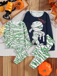 Bộ đồ ngủ liền thân Halloween cho bé trai tuổi teen, áo phông và quần dài phát sáng trong bóng tối, hiệu ứng phát sáng xanh lá cây, vải mềm co giãn, áo dài tay màu xanh nước biển và quần dài bó sát, đồ ngủ phát sáng trong bóng tối, Rave - Màu xanh hải quân - Xem 10