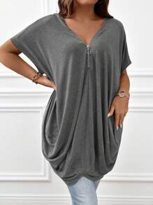 EMERY ROSE Plus Size Women Half Placket Batwing Short Sleeve Casual Loose T-Shirt